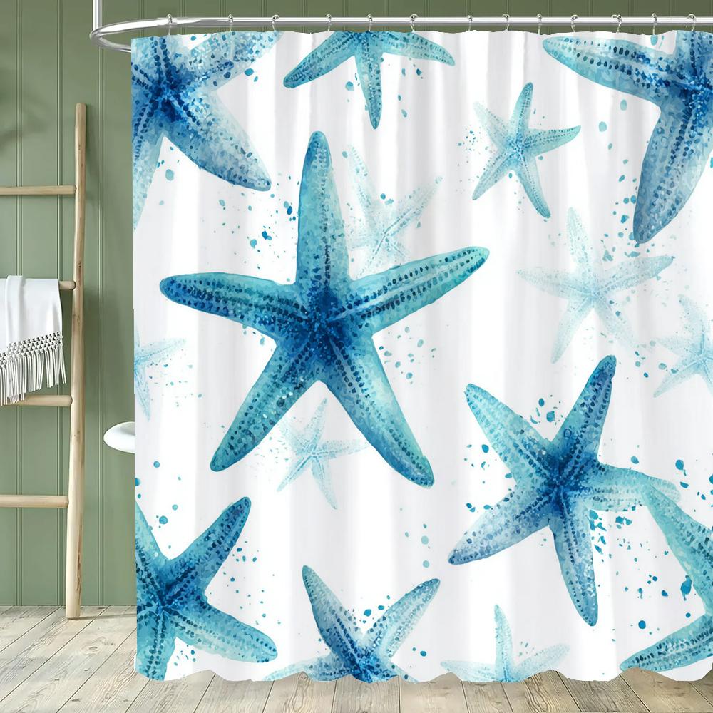 Cute Cartoon Ocean, Starfish, Shells Dolphin Printed Shower Curtain With Hooks, Bathroom Curtain, Bathroom Decor Window Curtain
