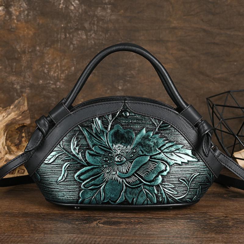 Johnature Ретро-сумка Жіноча сумка з натуральної шкіри ручної роботи з тисненням Універсальні сумки через плече та через плече з коров'ячої шкіри