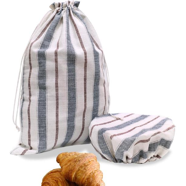 Reble Bread Bags for Homemade Sourdough Bread with Bowl Cover, 12"x18" Large Organic Linen Sourdough Bread Bags, Easy to Clean (Blue-Red stripe)