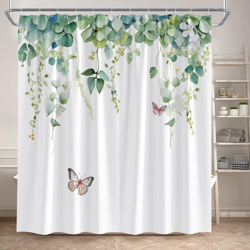 Floral Shower Curtain Watercolour Purple Lavender Flowers Butterfly Plants Leaves Bathroom Curtains Fabric Home Decor With Hooks
