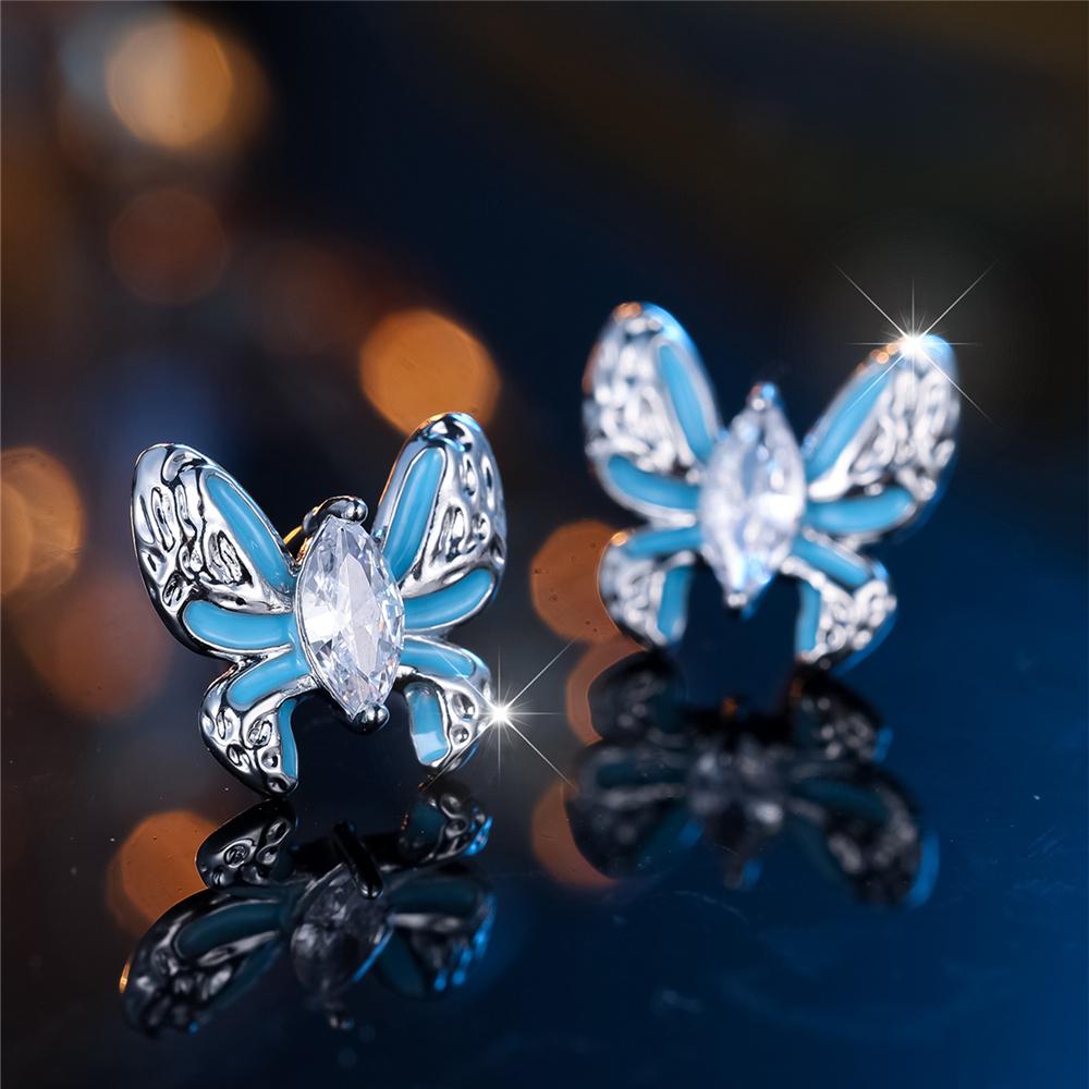 Cute Female Stone White Crystal Blue Enamel Cute Butterfly Stud Earrings Silver Color Wedding  For Women