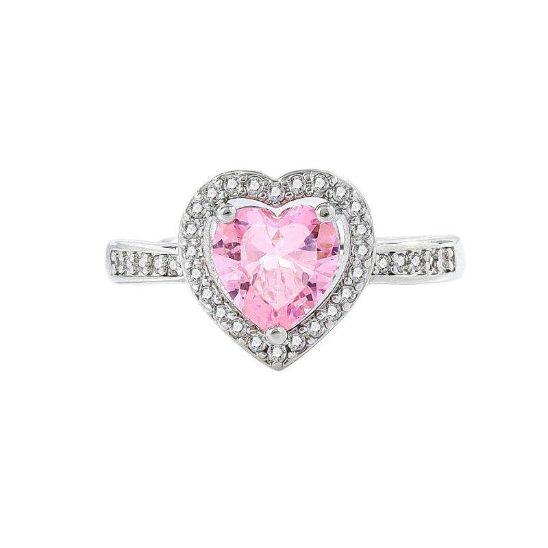 European & American Pink Heart-Shaped Jewelry Set: Women's Ring, Necklace & Earrings