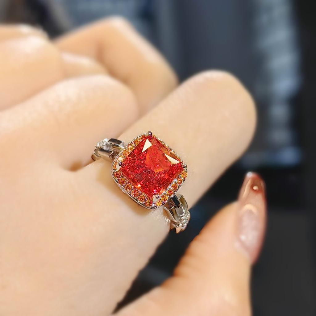 Square High Carbon Diamond Necklace Ring Women'S Ice Flower Cut Yellow Diamond Red Stone Square Bag Colorful Treasure Set