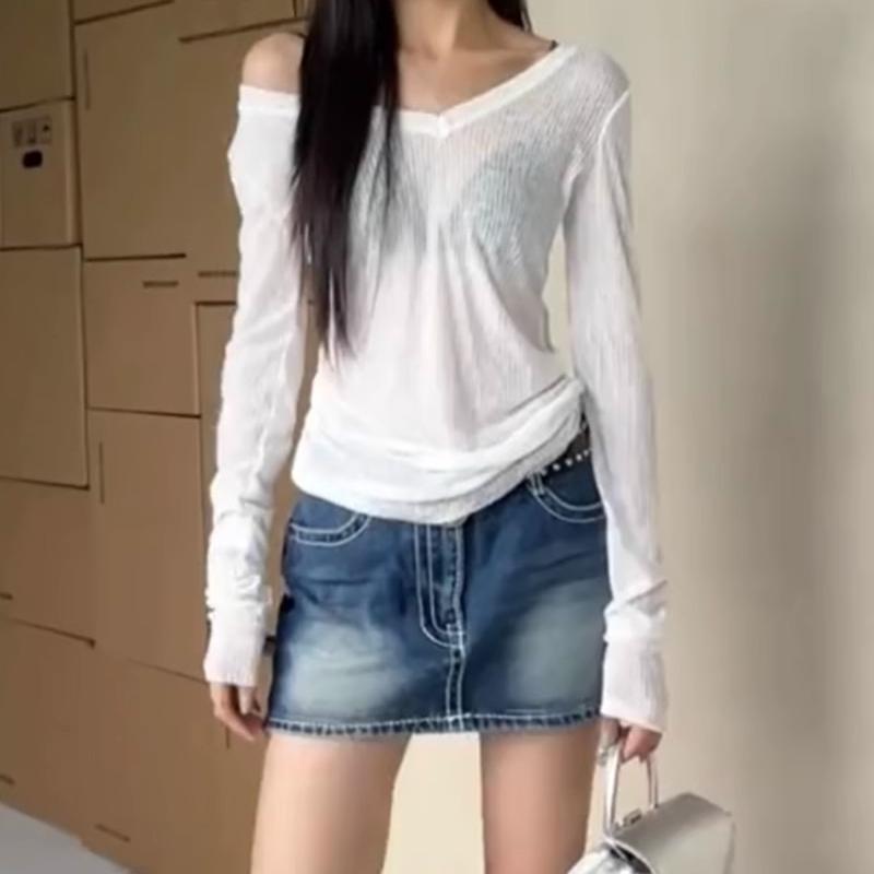 Mesh Long Sleeve Women Black T-shirts Vintage Streetwear Casual Slim Up Solid Tops Bottoming Shirt