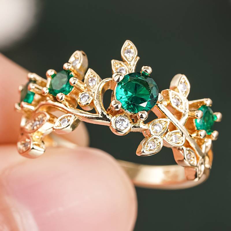 

Huitan Elegant Women Gold Color Ring Aesthetic Leaves Design Party Fresh Style Wedding Accessories Zircon Inlaid Shiny Green CZ 7
