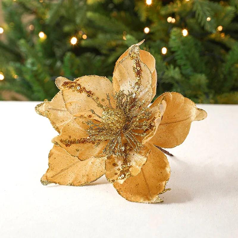 Christmas Flowers Glitter Artificial Flower Xmas Tree Hanging Ornaments DIY Garlands Home Wedding New Year Party Decoration Gift