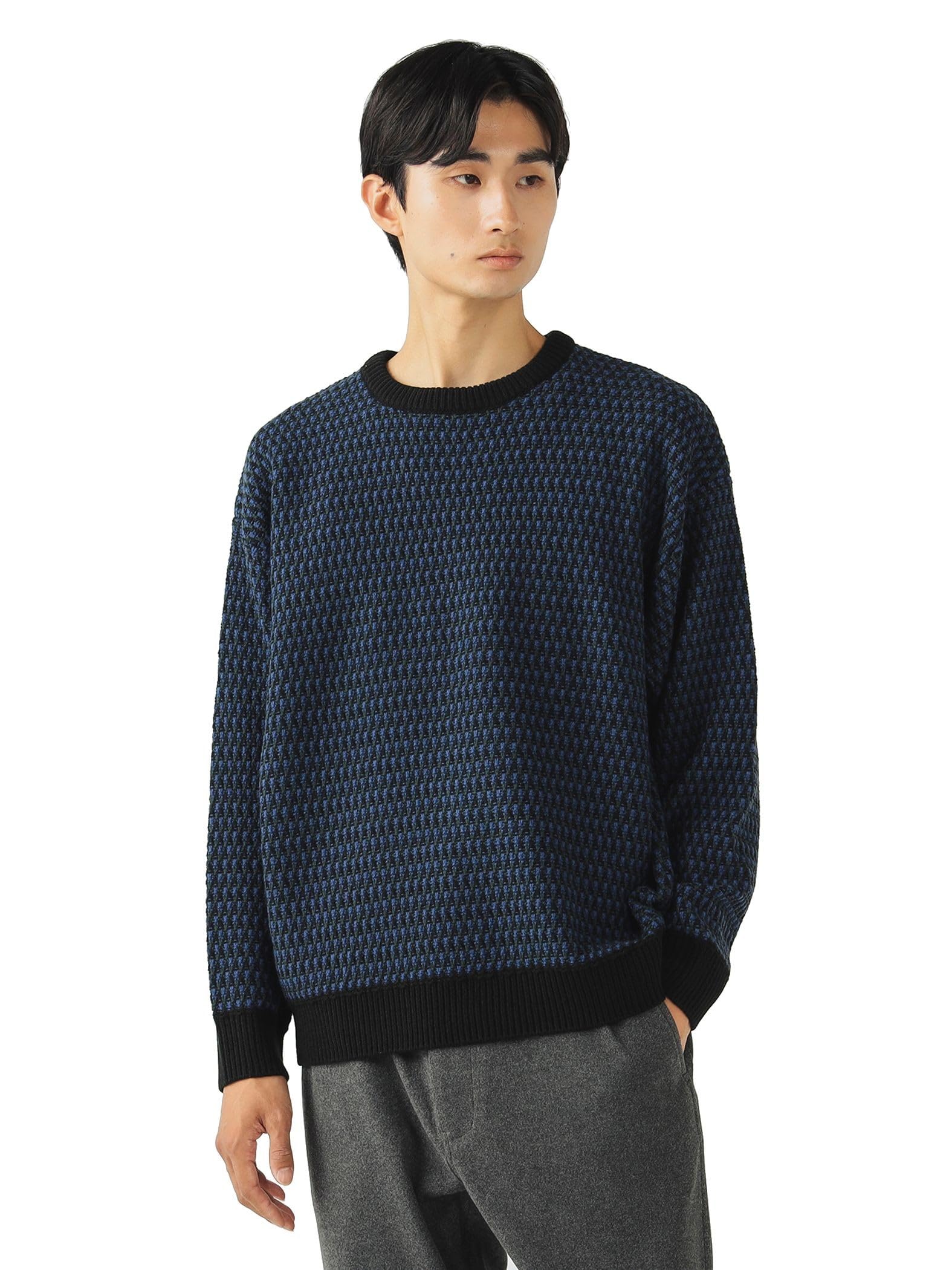 

Beams Heart Men s Large/Small Size Knit, Popcorn Crew Neck, Navy, Size S