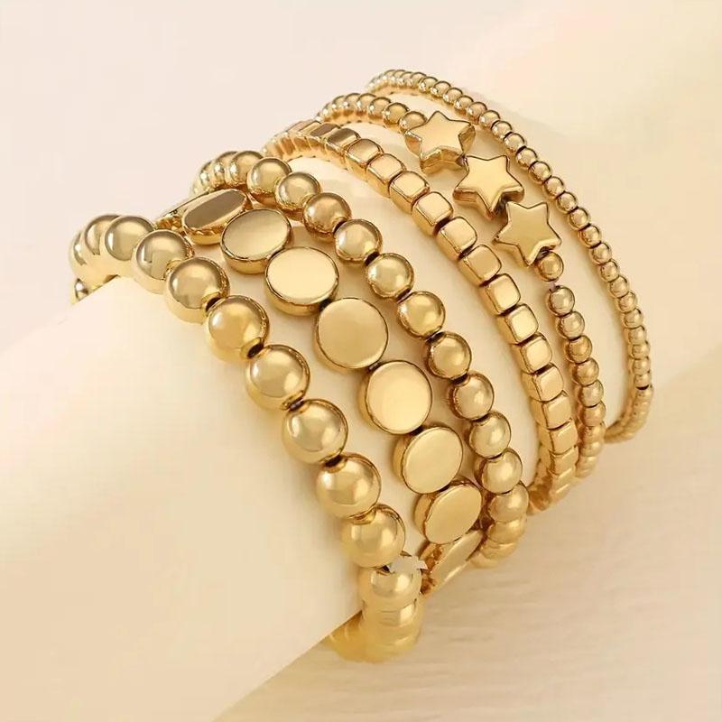 

6Pcs/Set Stackable Gold Color Luxury Beads Wristband Accessories Beaded Bracelets Set Pentacle Star Love Heart Charm Hand Chains білий
