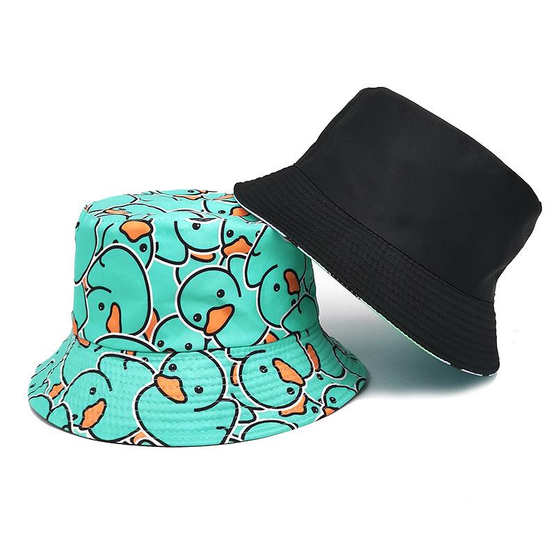 1PC Four Seasons New Yellow Duck Double Sided Printed Fisherman's Hat For Couples Japanese Style Trendy Versatile Sunscreen Hat