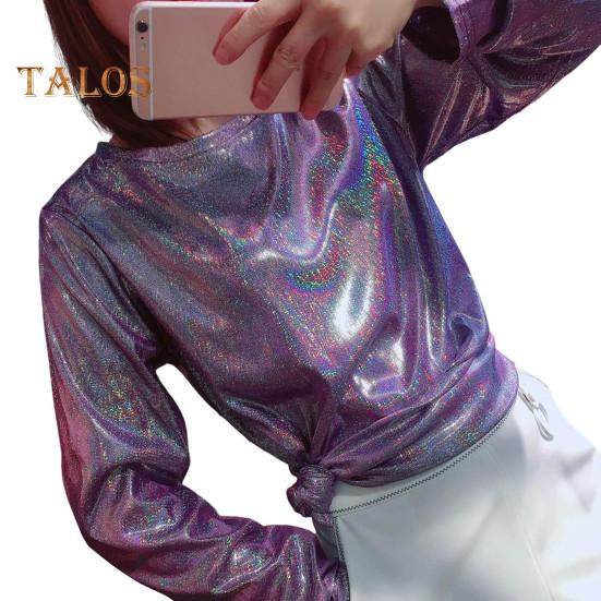 

Женская свободная футболка с круглым вырезом и длинными рукавами, сверкающая светоотражающая футболка, пуловер с блестками, топы L фиолетовый