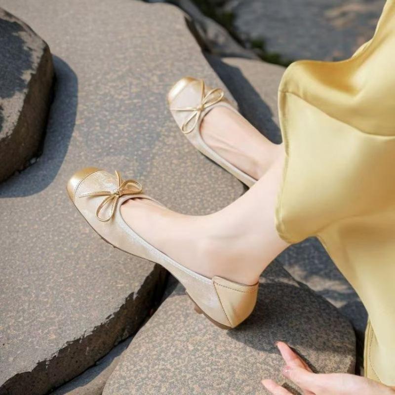 Xiaoxiangfengba French Mary Jane PU Bow One Pedal Light Mouth Muffin Bottom Low Heel Round Head Low Top Shoes Rubber