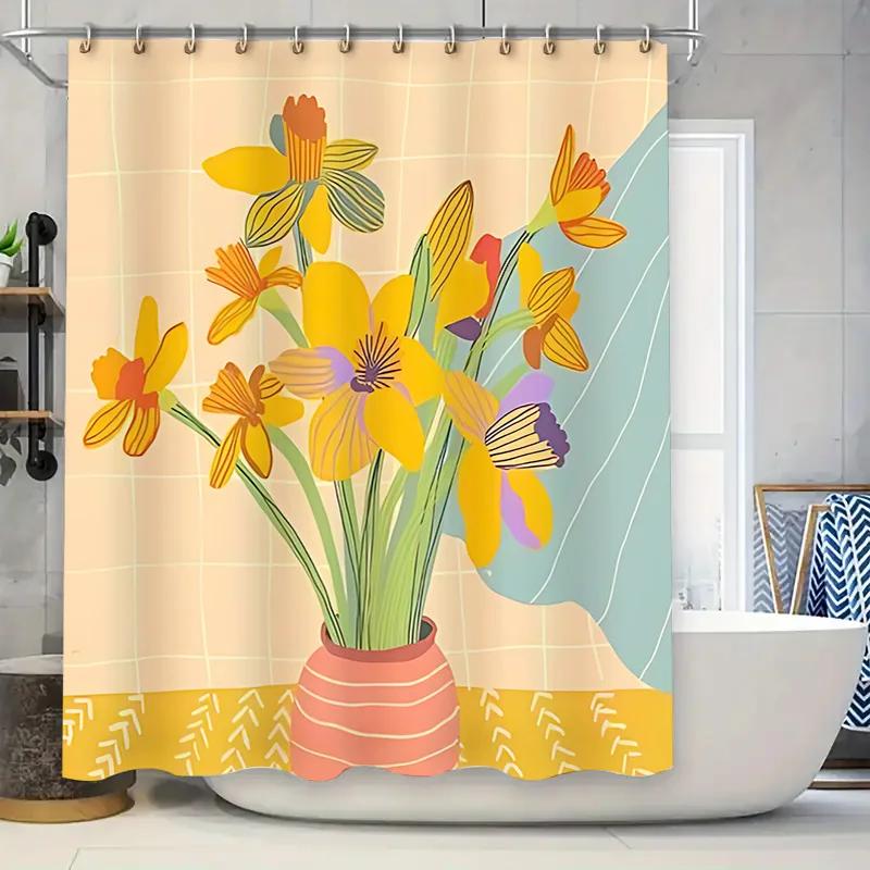

Elegant Floral Shower Curtain For Your Home - Vibrant Yellow And Orange Flowers In A Ceramic Vase - Perfect For Bathroom Decor W60H190(CM)-1 Pcs