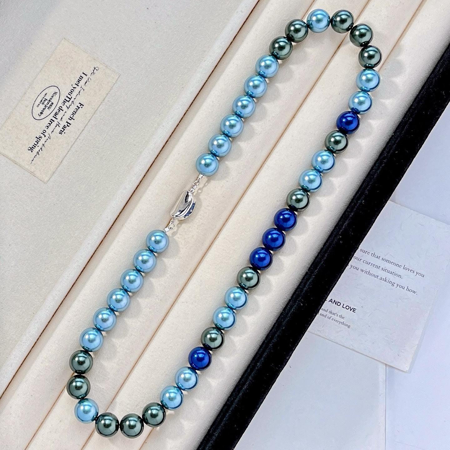 10Mm Autumn And Winter Highlight Morandi Blue-Green Tahitian Artificial Crystal Pearl Necklace Collarbone Chain
