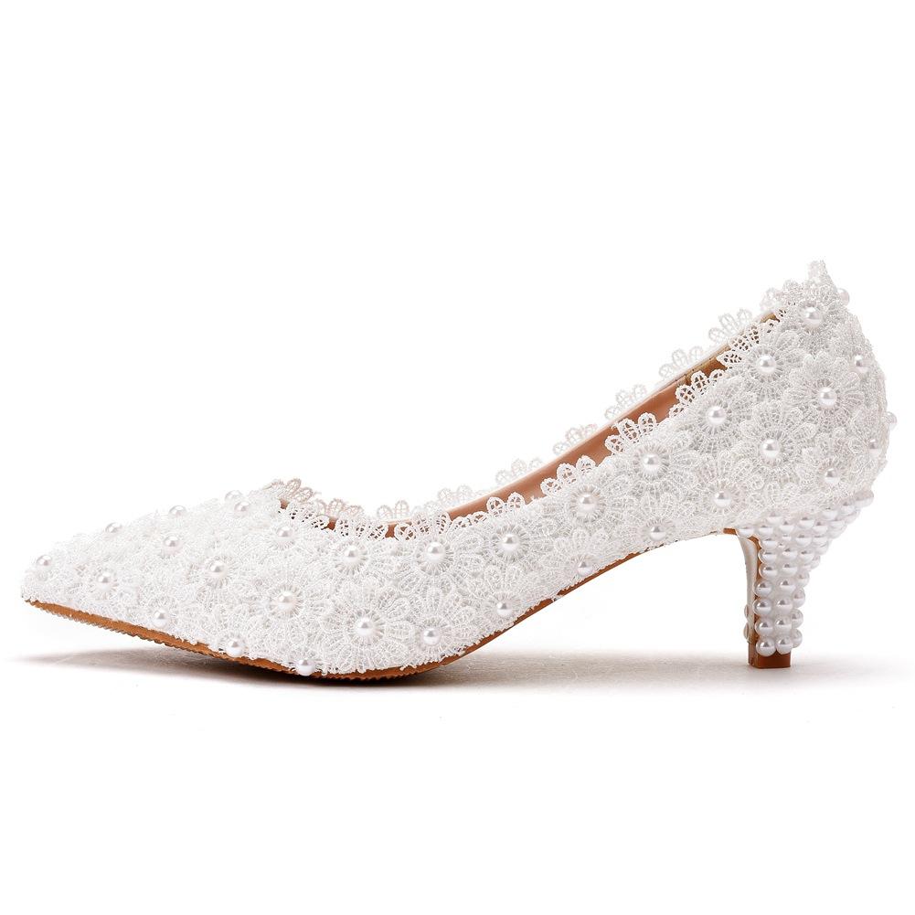 Large Size 5 Cm Lace High Heels Slim Heels Wedding Shoes Work Pointed Toe Bridesmaid Shoes Annual Meeting Photo Shoes