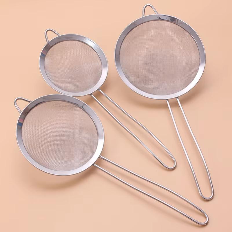 3pcs Stainless Steel Fine Mesh Strainer With Sturdy Handle And Hook, Colander Sifter For Juice Soy Milk, Kitchen Tools