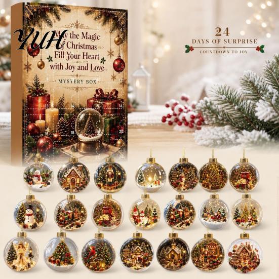 24 Day Advent Gift Christmas Calendar, Acrylic 2D Flat Crystal Ball Pendants with Lanyard, Xmas Tree Hanging Ornaments Ornament for Home Office Party