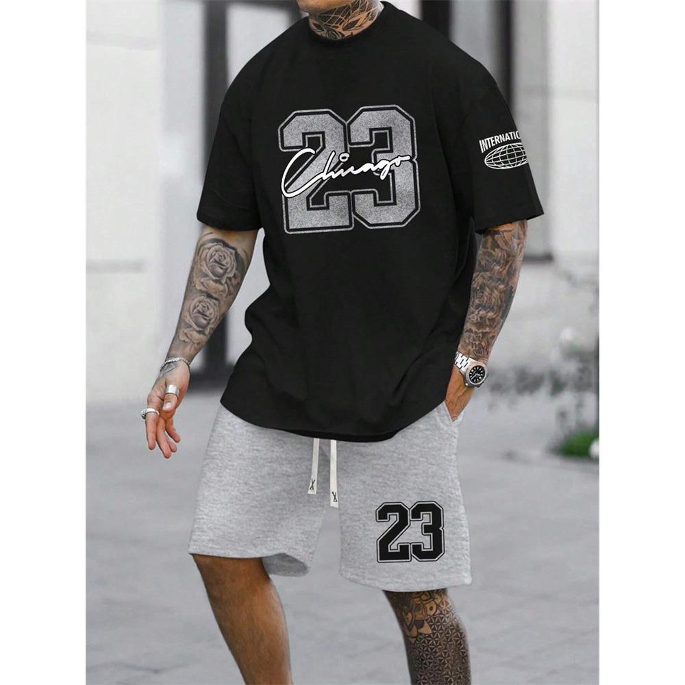 2024 Summer Black White Tracksuits For Men's Set Sleeves T-Shirt + Shorts Sportswear Brand Sporting Suit Oversize 5XL