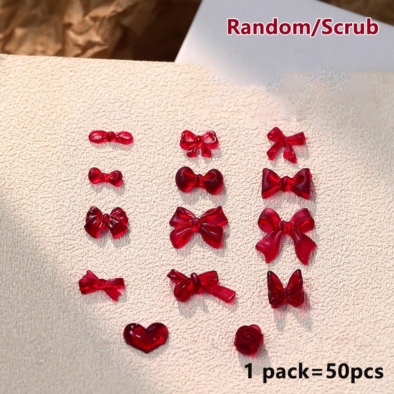 50Pcs French Style Bows Nail Accessories Mixed Size 3D Wine Red Bowknot Nail Charms Kawaii Winter Nail Art Decoration Cute Parts