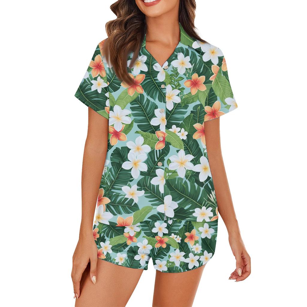 Women's Ice Silk Pajamas Button Homewear Hawaiian Print Short Sleeve Satin Pajama Set