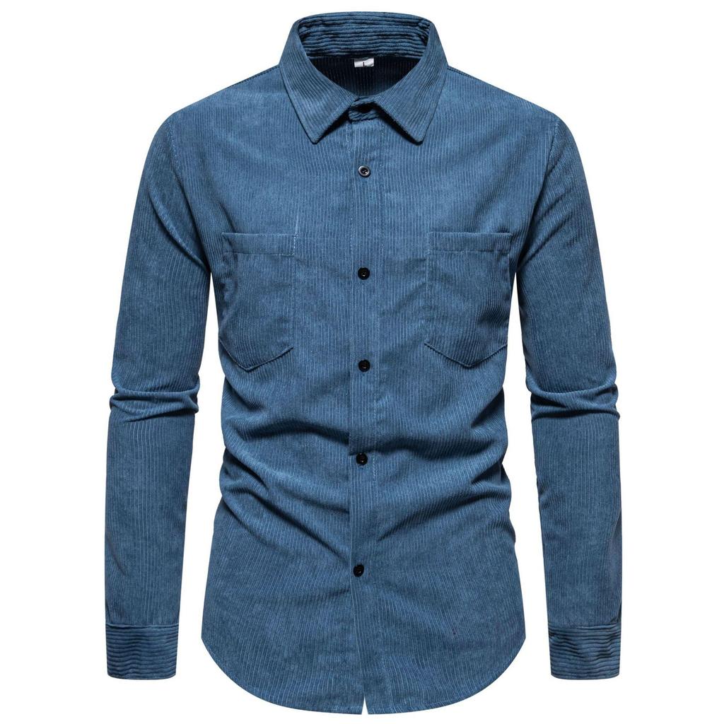 Men's Retro Solid Color Shirts Long Sleeve Shirt Jacket Casual Business Shirt for Men Lightweight Work Corduroy Lapel Shirts