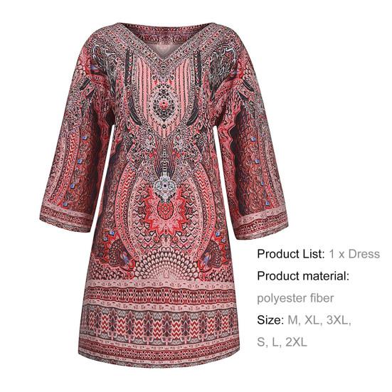V-Ausschnitt 3/4 Ärmel Shift Design Urlaubs Kleid Ethnischer Stil Bohemia Retro Print Damen Kleid Damen Kleidung