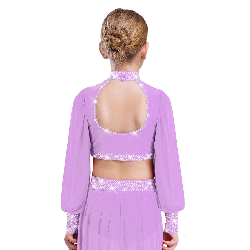 Mädchen Mesh Tanztop Langarm Stehkragen Ausschnitt Rücken Strass Crop Top für Lyrische Ballett Aufführung