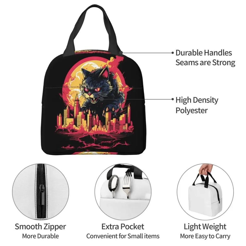 Vintage Catzilla Japanese Sunset Cat Lover Insulated Lunch Bag for Women Kids Portable Food Boxes Thermal Lunch Box Tote