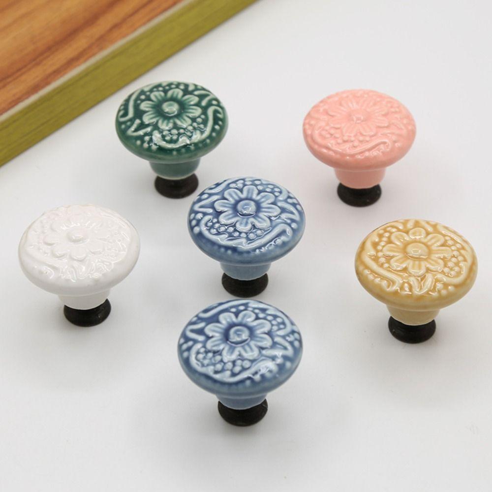 Flower Surface Ceramic Knob Single Hole Cabinet Knob Vintage Door Knob  Kitchen