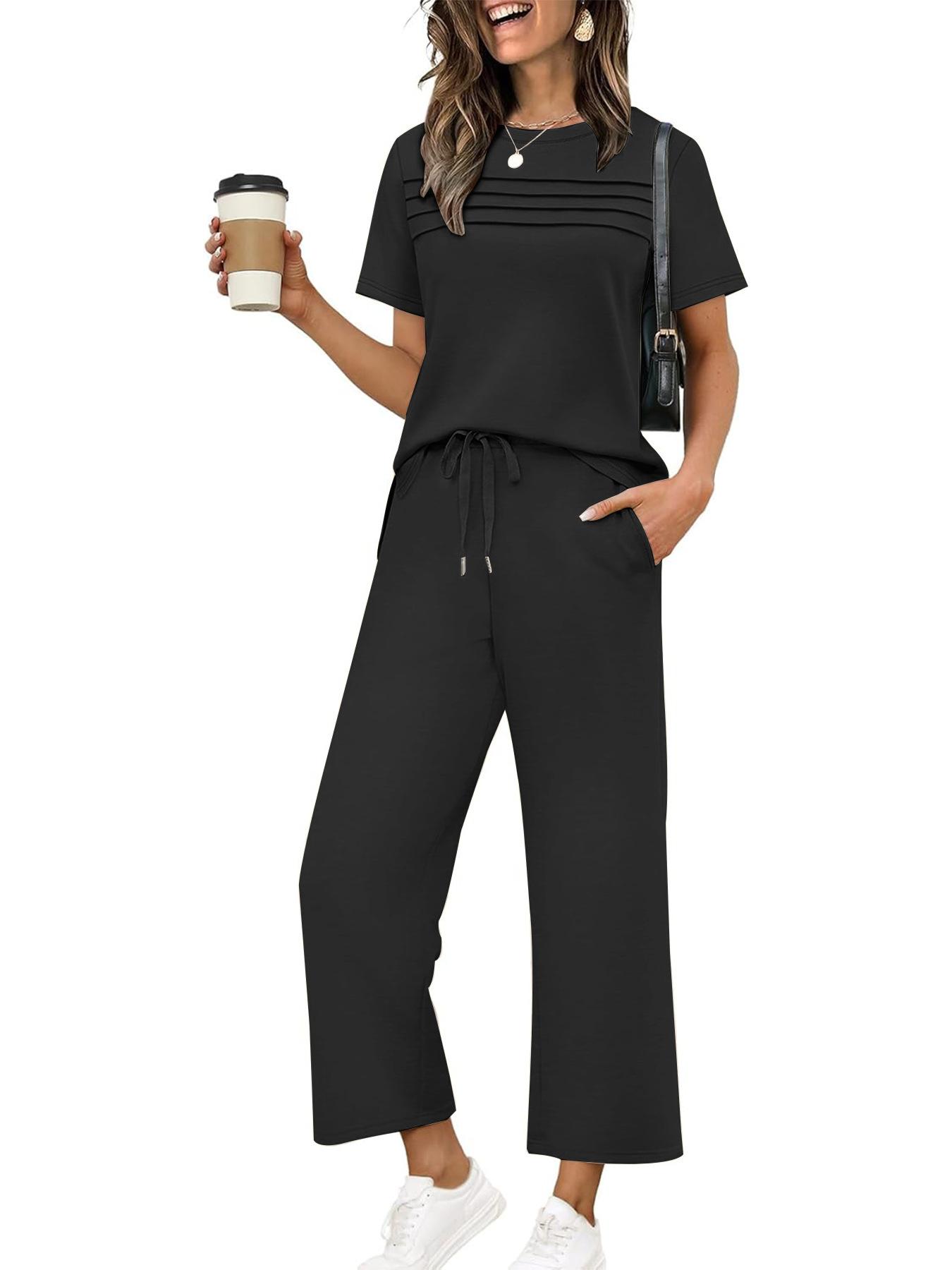

Commute Set Breathable Short Sleeve Ladies Casual Pants Set Solid Color Women Wear XXL чорний