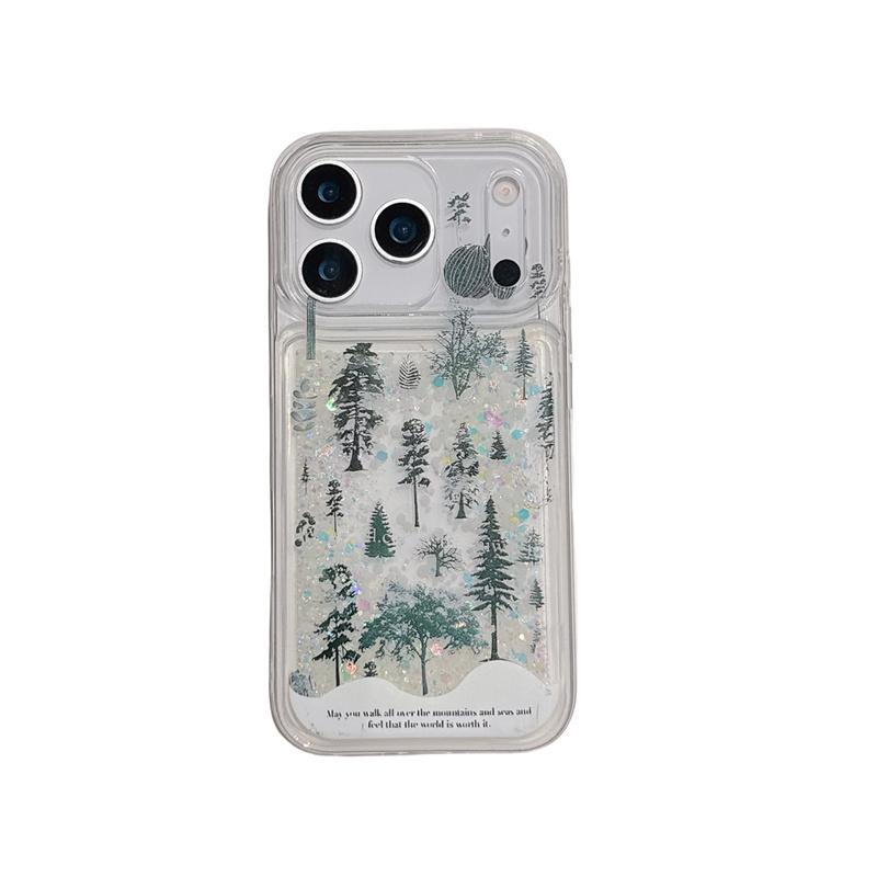 

Green Forest Luminous Quicksand Case Cover for iPhone 15 16 17 Pro Max Moving Sequins Liquid Phone Shell Transparent Soft Fundas iPhone 15