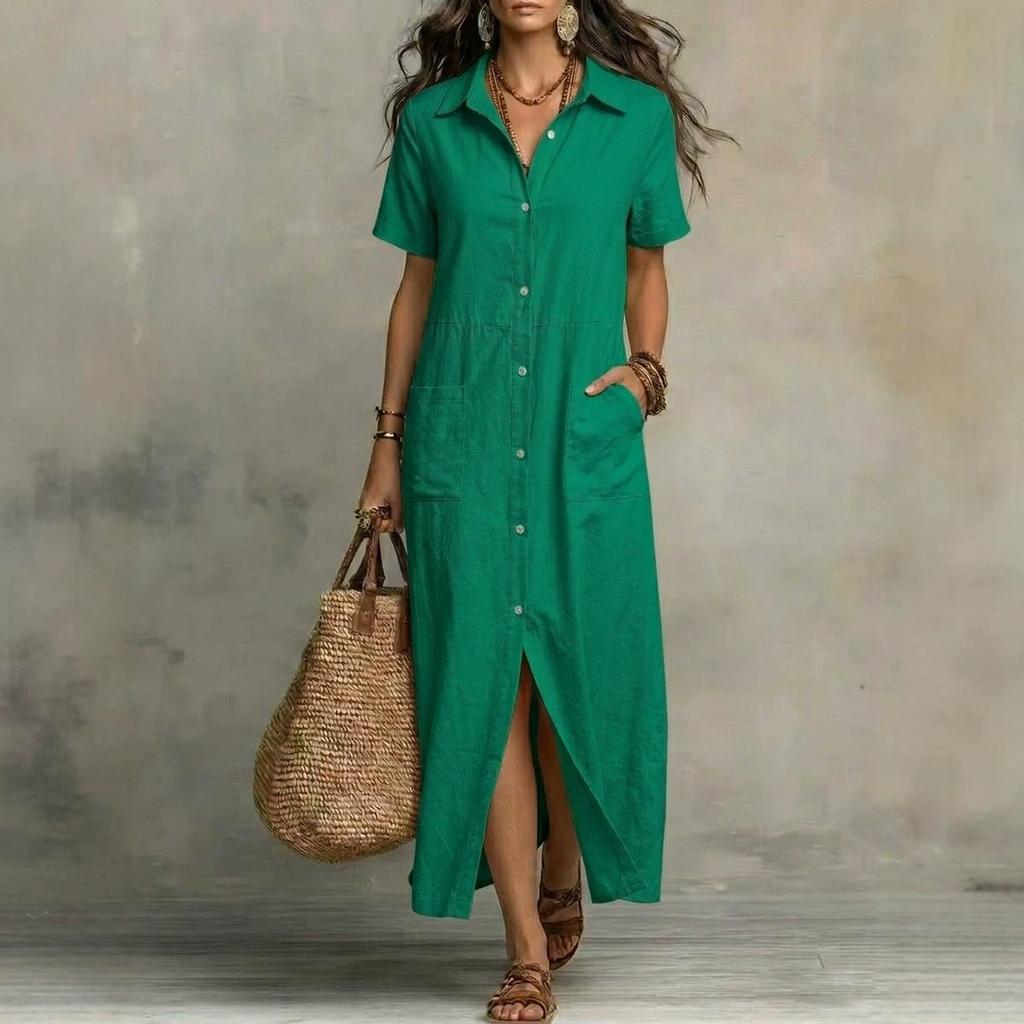 Vestido Camisa Largo Casual de Manga Corta con Cuello Solapa, Botones y Bolsillo para Mujer