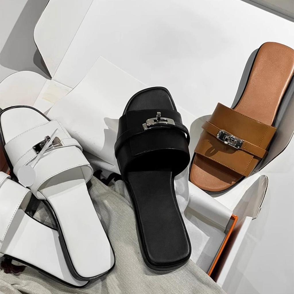 Schaffellversion~ Französische Metallschloss-Slipper Damen Sommer Leder Zehenfrei Flachbodenmode Oberbekleidung Coole Slipper