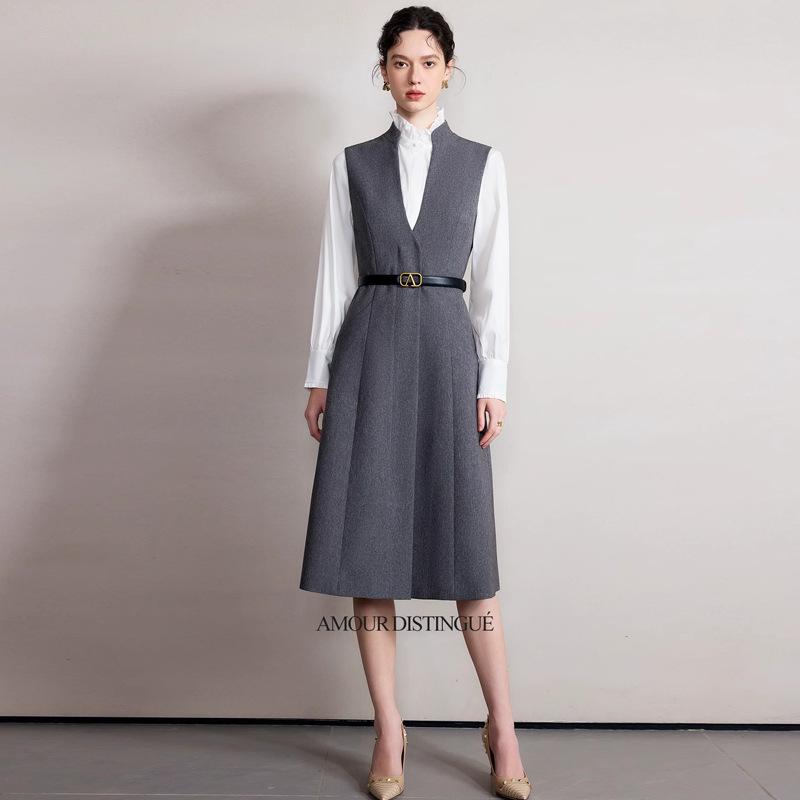 

Professional Grey Sleeveless Vest Dress with Stand Collar - Spring/Autumn Slimming Style L