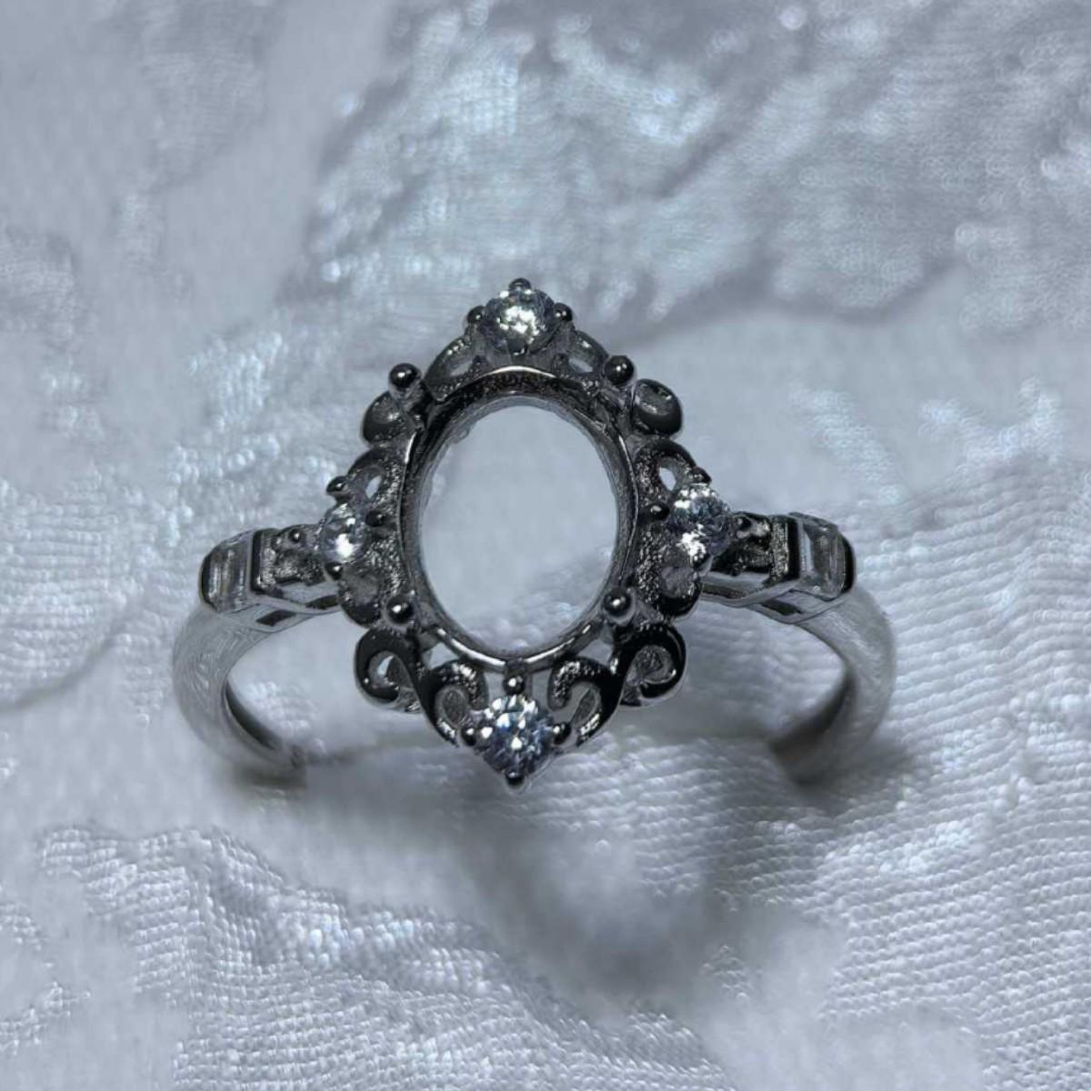 S925 Sterling Silver European Retro Lace Cabochon Ring Setting for 6x8mm Rhinestone Adjustable