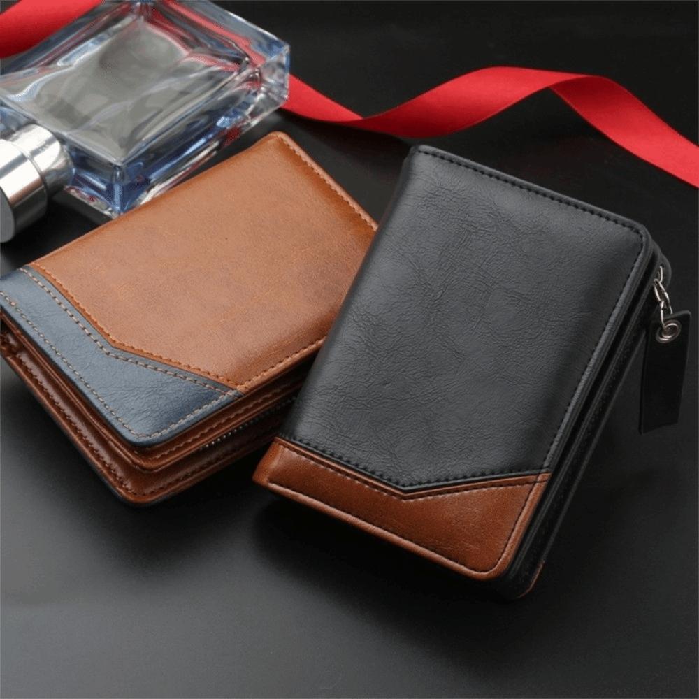 Color Blocking Business Clutch Bag Zipper Men Card Holder Vintage Men Short Wallet  Travel