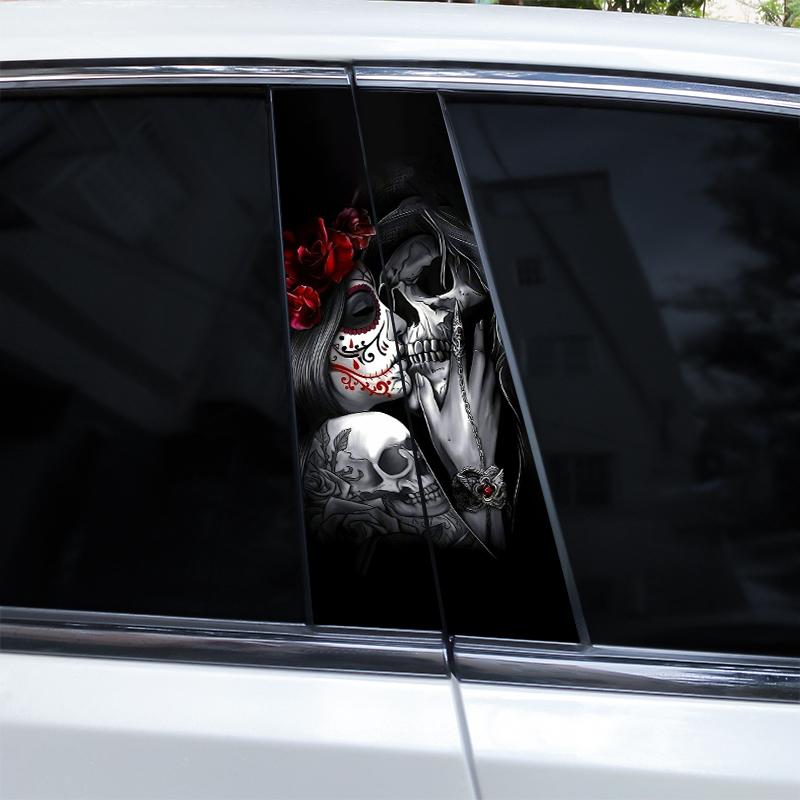 

2 шт. Наклейка на автомобиль с изображением черепа ужасов, виниловые наклейки на центральную стойку автомобиля, наклейки на двери автомобиля, водонепроницаемая солнцезащитная виниловая наклейка