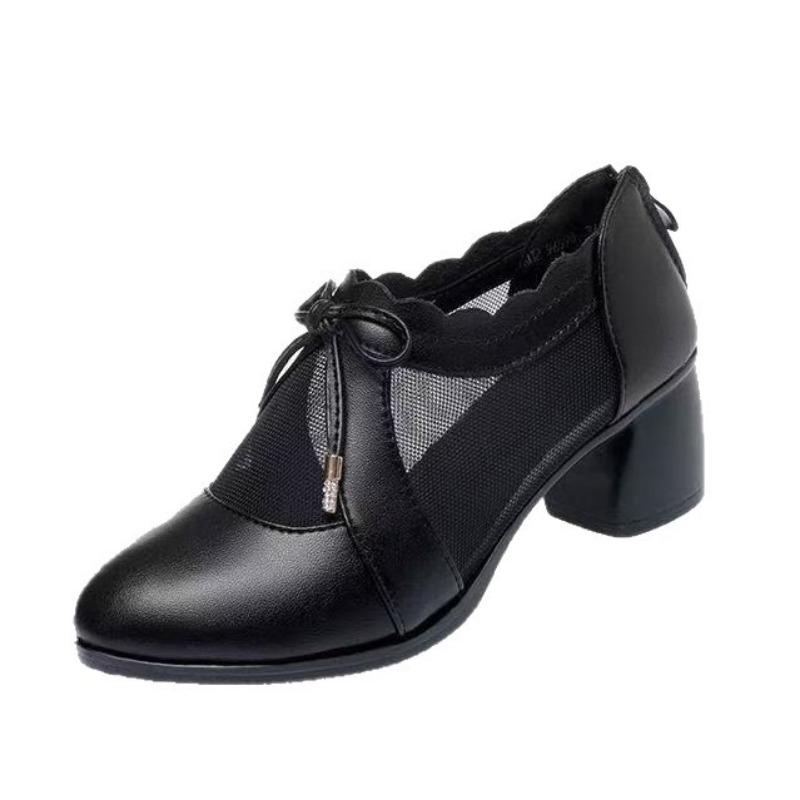 New single shoes leather medium heel thick heel summer women's fashion mesh yarn medium 2 shoes soft sole non-slip