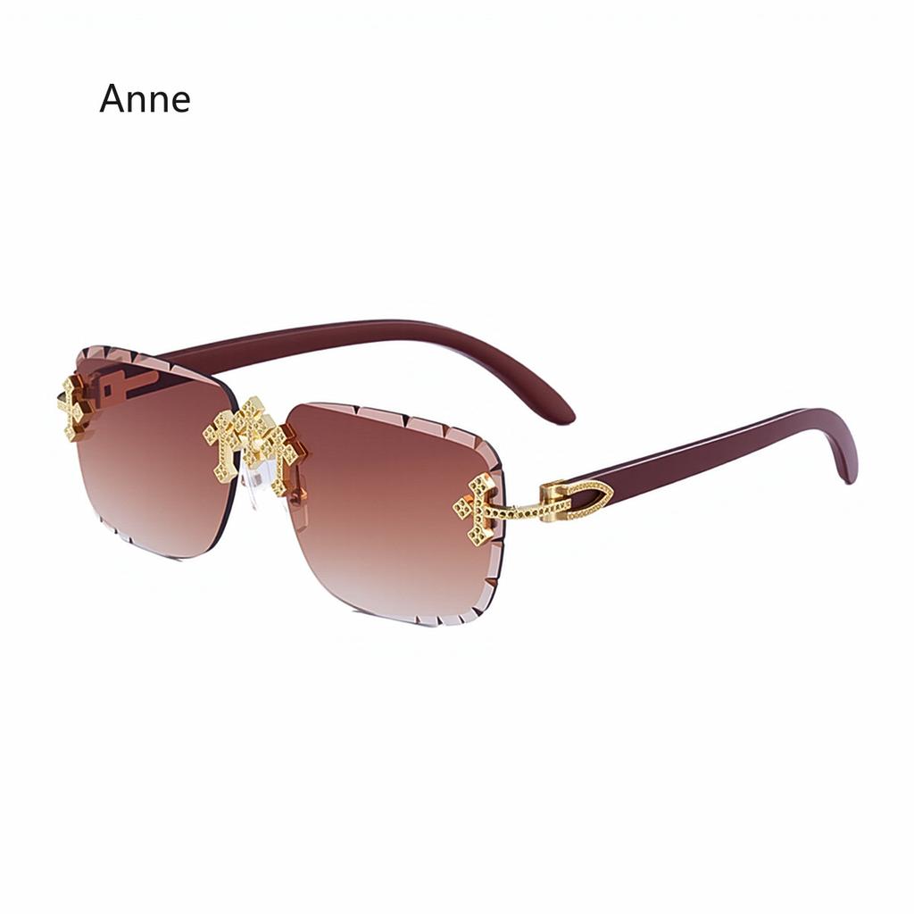 Punk New Men's Retro Square Rimless Sunglasses Cross with Diamond-Cut Edges Gradient Shades Imitation Wood Grain Women Glasses