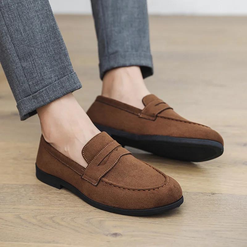 Retro Brown Men's Loafers Comfortable Suede Leather Casual Shoes Man Slip-on Shoes Flat Moccasins For Men Zapatos De Hombre