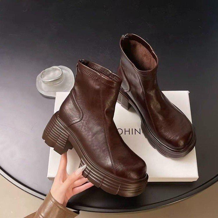 Thick-soled Chelsea High-heeled Short Boots Women's New Velvet Warm Short Boots 2025 Autumn and Winter Wear-resistant Non-slip Versatile Women's Boots