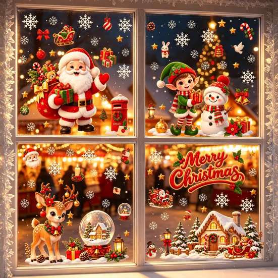 Christmas Window Clings Cling, PVC Waterproof Santa Claus/ Elf Snowman/Elk/House Stickers, Reusable Easy Peel And Stick Holiday Decor Glass