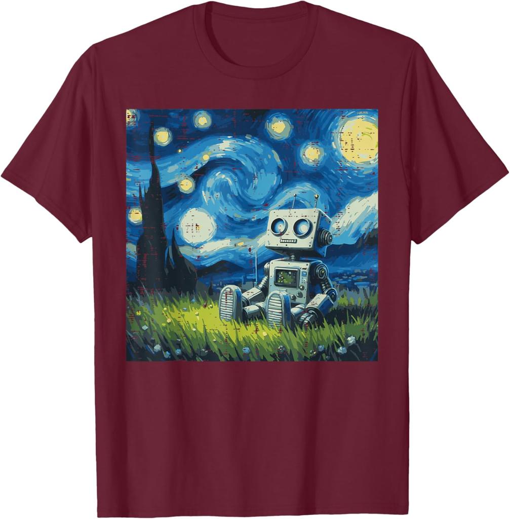 Starry Night Robot Graphic Tee Cotton Round Neck Casual TShirt Art Painting Print Tops for Men Women