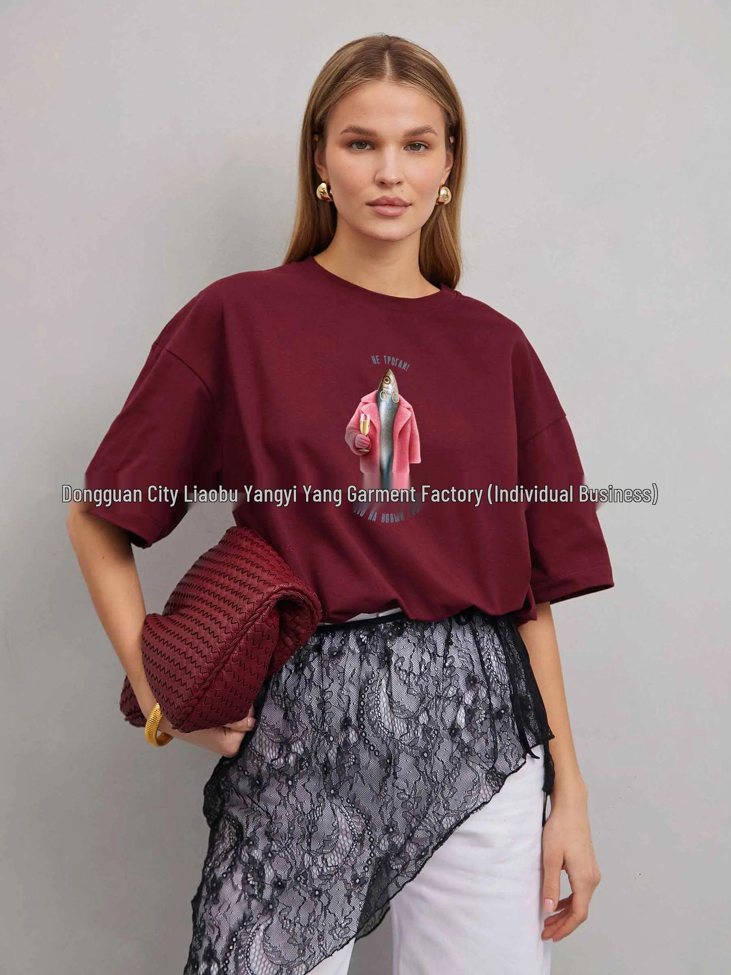 

American Retro Salted Fish Fun Print Loose Trendy Outerwear Top XL вино красного