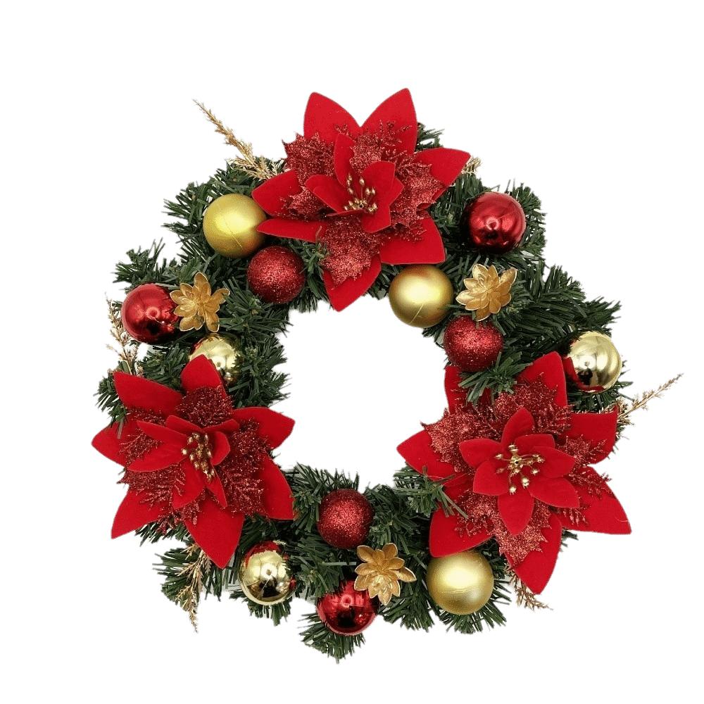 Red Flower Christmas Wreath Realistic Design Faux Greenery Wreath Xmas Artificial Garland  Holiday
