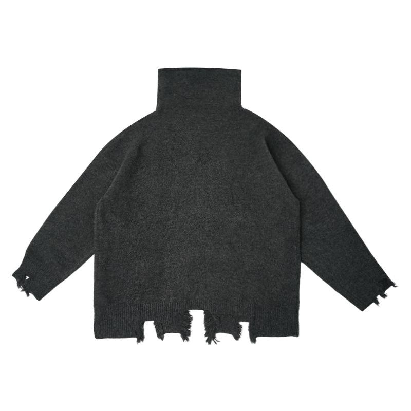 

Johnature Осень-зима Винтажный потертый свитер с высоким воротом и рваными необработанными краями Ленивые нерегулярные однотонные свободные вязаные свитера One Size темно серый