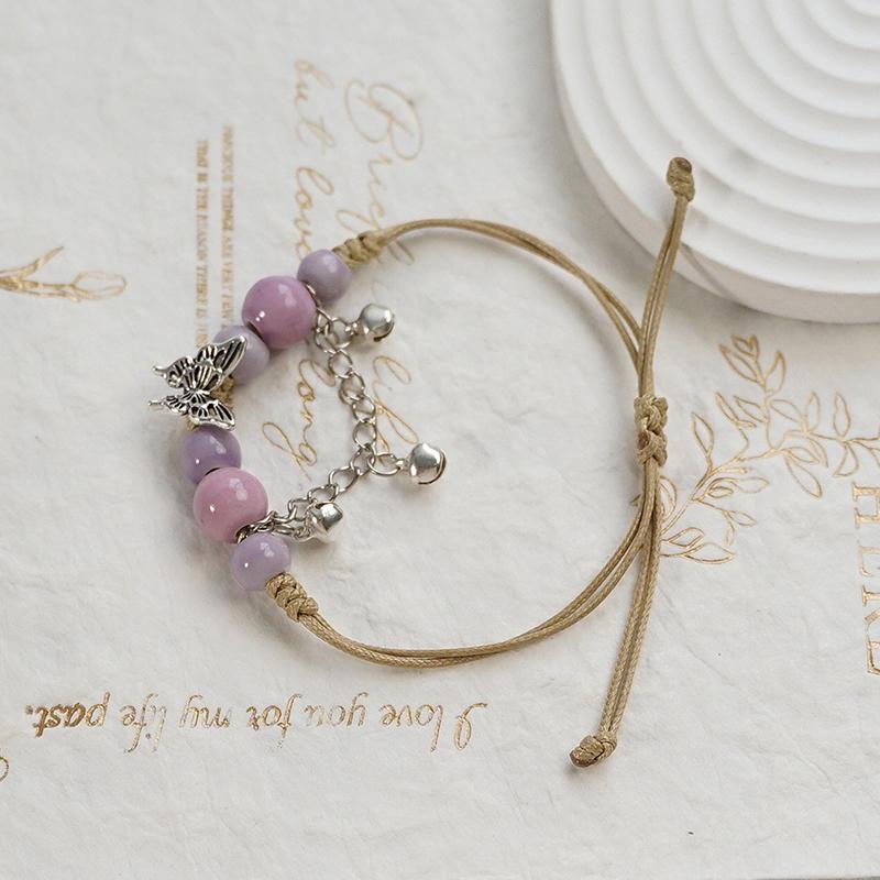 Bracelet Papillon Coloré en Céramique Fait Main Bracelet à Cordon Tressé Réglable Doux Accessoires de Mode Uniques Cadeaux