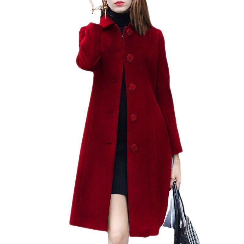Women's British-Style Slim Fit Woolen Coat, Medium Length