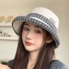 Retro plaid bucket hat women's autumn and winter curling edge shows a small washbasin hat versatile shows a small face big brim warm hat tide