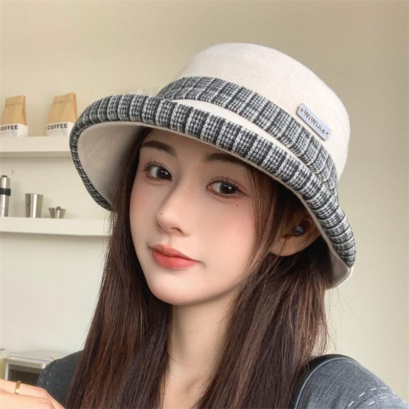 Retro plaid bucket hat women's autumn and winter curling edge shows a small washbasin hat versatile shows a small face big brim warm hat tide