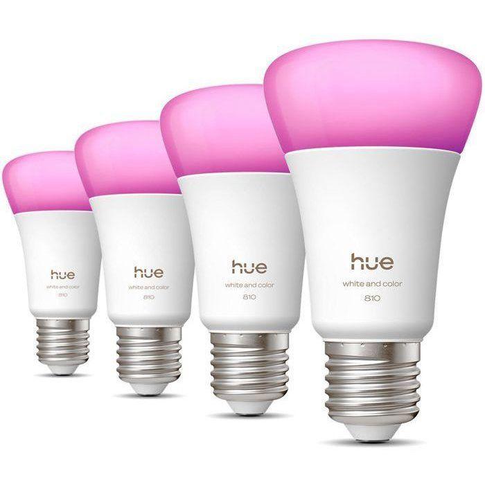 Pack de 4 ampoules LED connectées A60 - PHILIPS HUE - Lumiere blanche et colorée - Culot E27 - 6W - 1000-2000k - 810 lumens